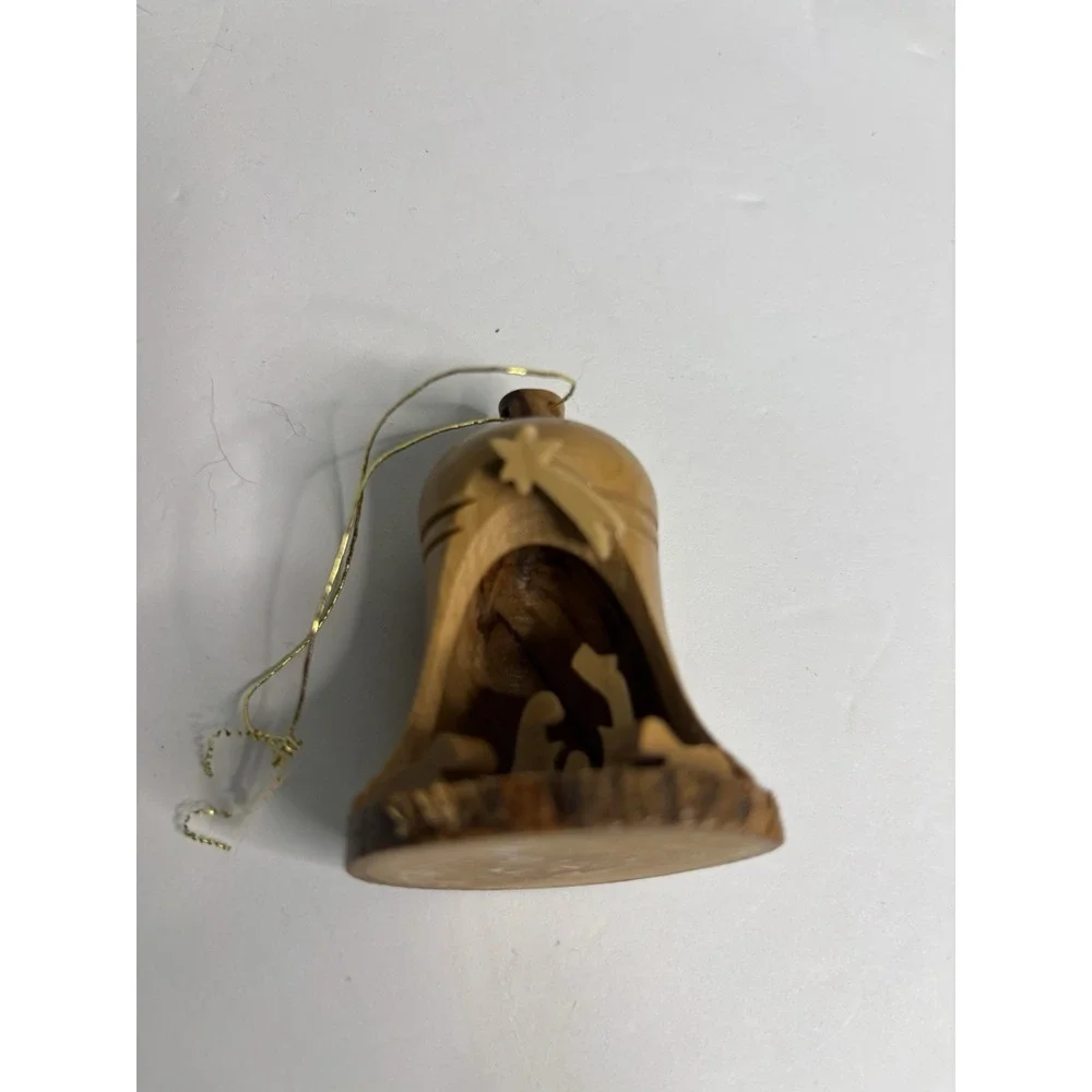 Handcrafted Wooden Christmas Ornament Bell W/ nativity scene 3.5